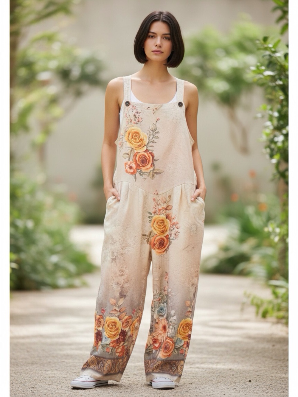 Women’s Floral Wide-Leg Adjustable Overalls/Jumpsuit Beige/Peach Size-XL NIB